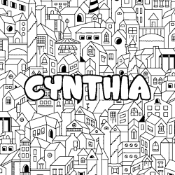 Coloriage prénom CYNTHIA - décor Ville