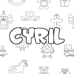 Coloriage pr&eacute;nom CYRIL - d&eacute;cor Jouets