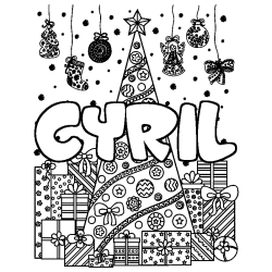 Coloriage pr&eacute;nom CYRIL - d&eacute;cor Sapin et Cadeaux