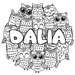 Coloriage pr&eacute;nom DALIA - d&eacute;cor Chouettes