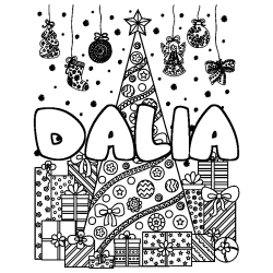 Coloriage pr&eacute;nom DALIA - d&eacute;cor Sapin et Cadeaux