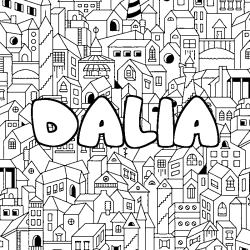 Coloriage pr&eacute;nom DALIA - d&eacute;cor Ville