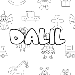 Coloriage prénom DALIL - décor Jouets