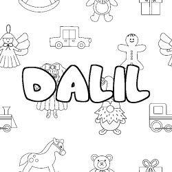 Coloriage pr&eacute;nom DALIL - d&eacute;cor Jouets