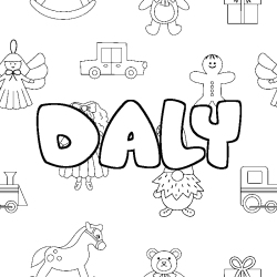 Coloriage pr&eacute;nom DALY - d&eacute;cor Jouets