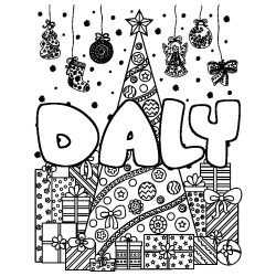 Coloriage pr&eacute;nom DALY - d&eacute;cor Sapin et Cadeaux
