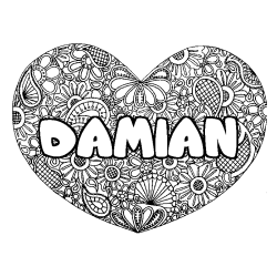 Coloriage prénom DAMIAN - décor Mandala coeur