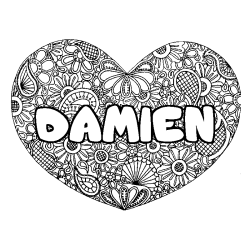 Coloriage prénom DAMIEN - décor Mandala coeur