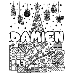 Coloriage prénom DAMIEN - décor Sapin et Cadeaux