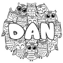 Coloriage pr&eacute;nom DAN - d&eacute;cor Chouettes