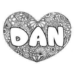Coloriage pr&eacute;nom DAN - d&eacute;cor Mandala coeur