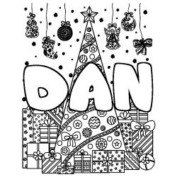 Coloriage pr&eacute;nom DAN - d&eacute;cor Sapin et Cadeaux
