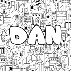 Coloriage pr&eacute;nom DAN - d&eacute;cor Ville