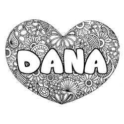 Coloriage prénom DANA - décor Mandala coeur