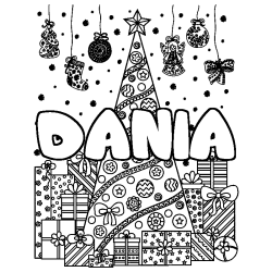 Coloriage prénom DANIA - décor Sapin et Cadeaux