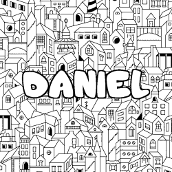 Coloriage pr&eacute;nom DANIEL - d&eacute;cor Ville
