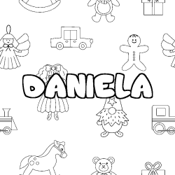 Coloriage prénom DANIELA - décor Jouets