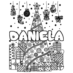 Coloriage pr&eacute;nom DANIELA - d&eacute;cor Sapin et Cadeaux