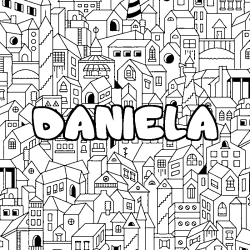 Coloriage pr&eacute;nom DANIELA - d&eacute;cor Ville