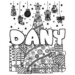 Coloriage prénom DANY - décor Sapin et Cadeaux