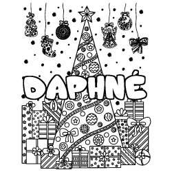 Coloriage pr&eacute;nom DAPHN&Eacute; - d&eacute;cor Sapin et Cadeaux