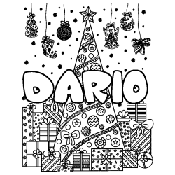 Coloriage prénom DARIO - décor Sapin et Cadeaux