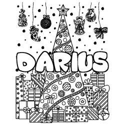 Coloriage prénom DARIUS - décor Sapin et Cadeaux