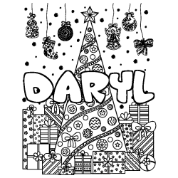 Coloriage pr&eacute;nom DARYL - d&eacute;cor Sapin et Cadeaux