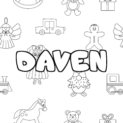 Coloriage prénom DAVEN - décor Jouets