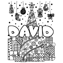 Coloriage prénom DAVID - décor Sapin et Cadeaux