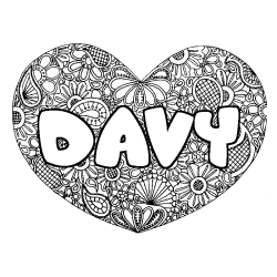 Coloriage pr&eacute;nom DAVY - d&eacute;cor Mandala coeur