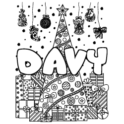 Coloriage pr&eacute;nom DAVY - d&eacute;cor Sapin et Cadeaux
