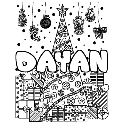 Coloriage prénom DAYAN - décor Sapin et Cadeaux