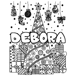 Coloriage prénom DEBORA - décor Sapin et Cadeaux