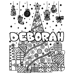 Coloriage pr&eacute;nom DEBORAH - d&eacute;cor Sapin et Cadeaux