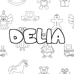Coloriage prénom DELIA - décor Jouets