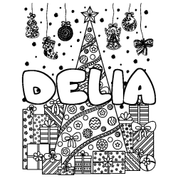 Coloriage prénom DELIA - décor Sapin et Cadeaux