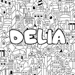 Coloriage prénom DELIA - décor Ville