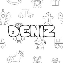 Coloriage prénom DENIZ - décor Jouets
