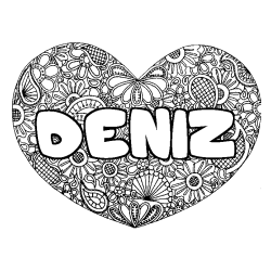Coloriage pr&eacute;nom DENIZ - d&eacute;cor Mandala coeur