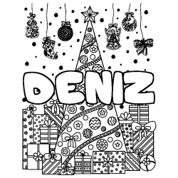 Coloriage prénom DENIZ - décor Sapin et Cadeaux
