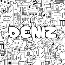 Coloriage pr&eacute;nom DENIZ - d&eacute;cor Ville