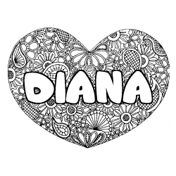 Coloriage prénom DIANA - décor Mandala coeur