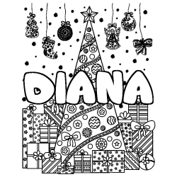 Coloriage prénom DIANA - décor Sapin et Cadeaux