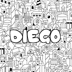 Coloriage pr&eacute;nom DIEGO - d&eacute;cor Ville