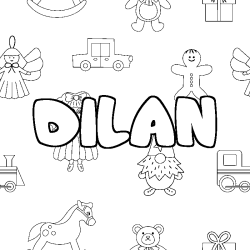 Coloriage prénom DILAN - décor Jouets