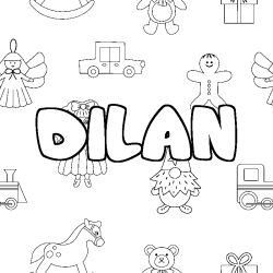 Coloriage pr&eacute;nom DILAN - d&eacute;cor Jouets