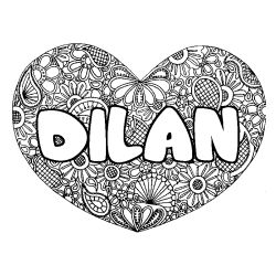 Coloriage prénom DILAN - décor Mandala coeur