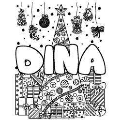 Coloriage prénom DINA - décor Sapin et Cadeaux