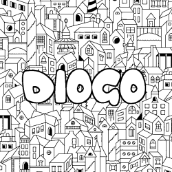 Coloriage pr&eacute;nom DIOGO - d&eacute;cor Ville